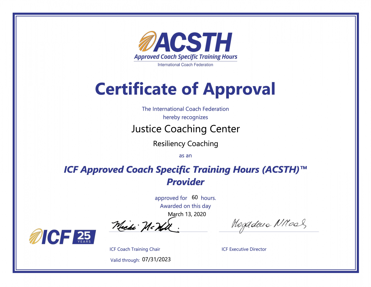 Justice Coaching Center ACSTH Certificate