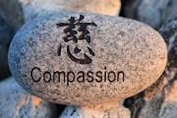 The world compassion written on a river rock